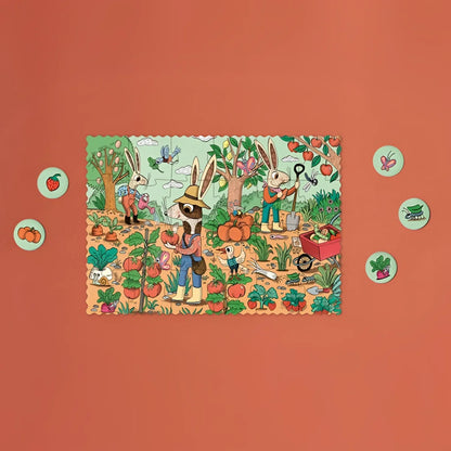 Bunte Puzzle-Illustration: Hasen gärtnern mit Gemüse und Tieren, zentrale Hasen mit Strohhut und Tomaten im Garden Tiny