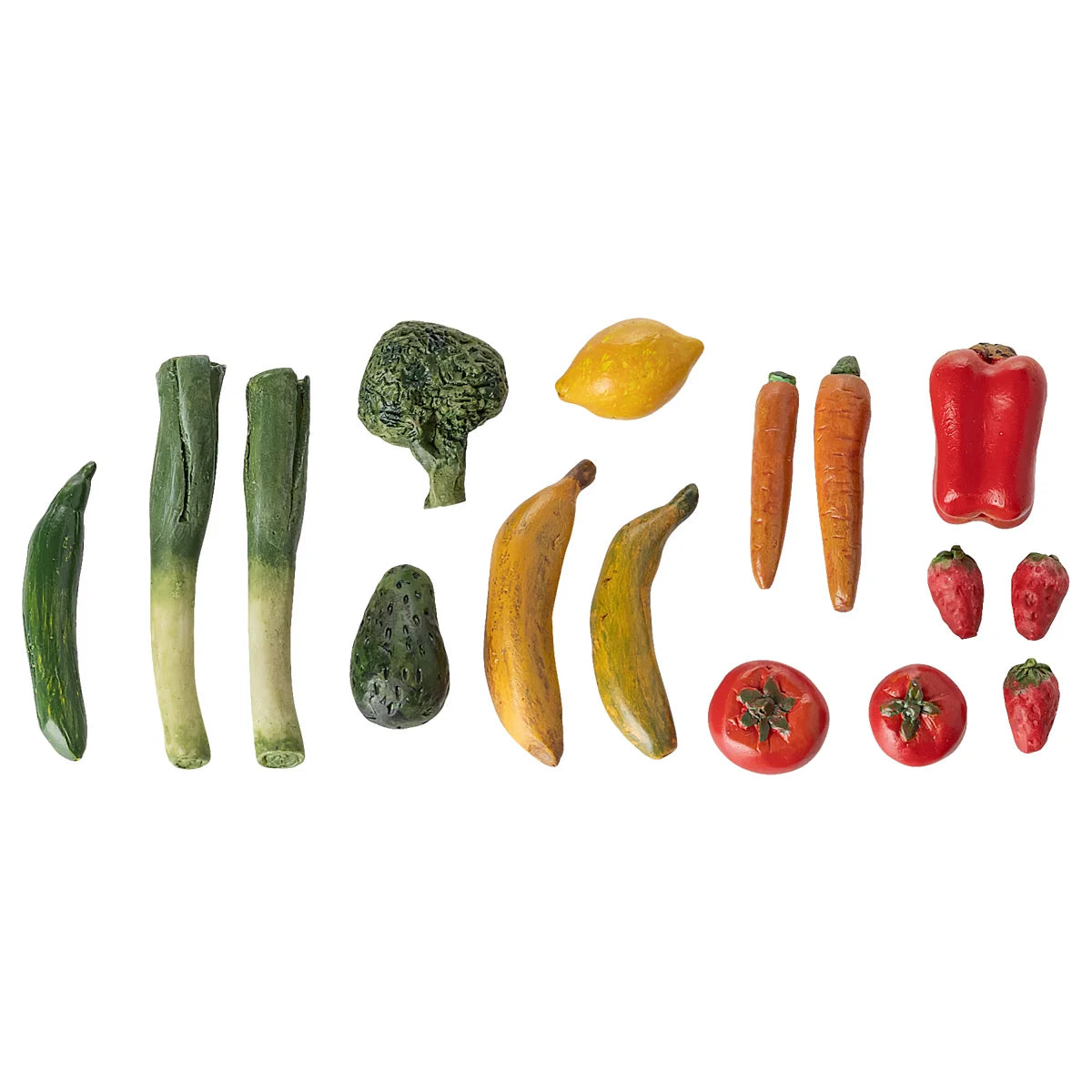Bunte Miniatur Gemüse + Obst mit Lauch, Brokkoli, Paprika, Karotten, Bananen, Gurken, Tomaten und Erdbeeren