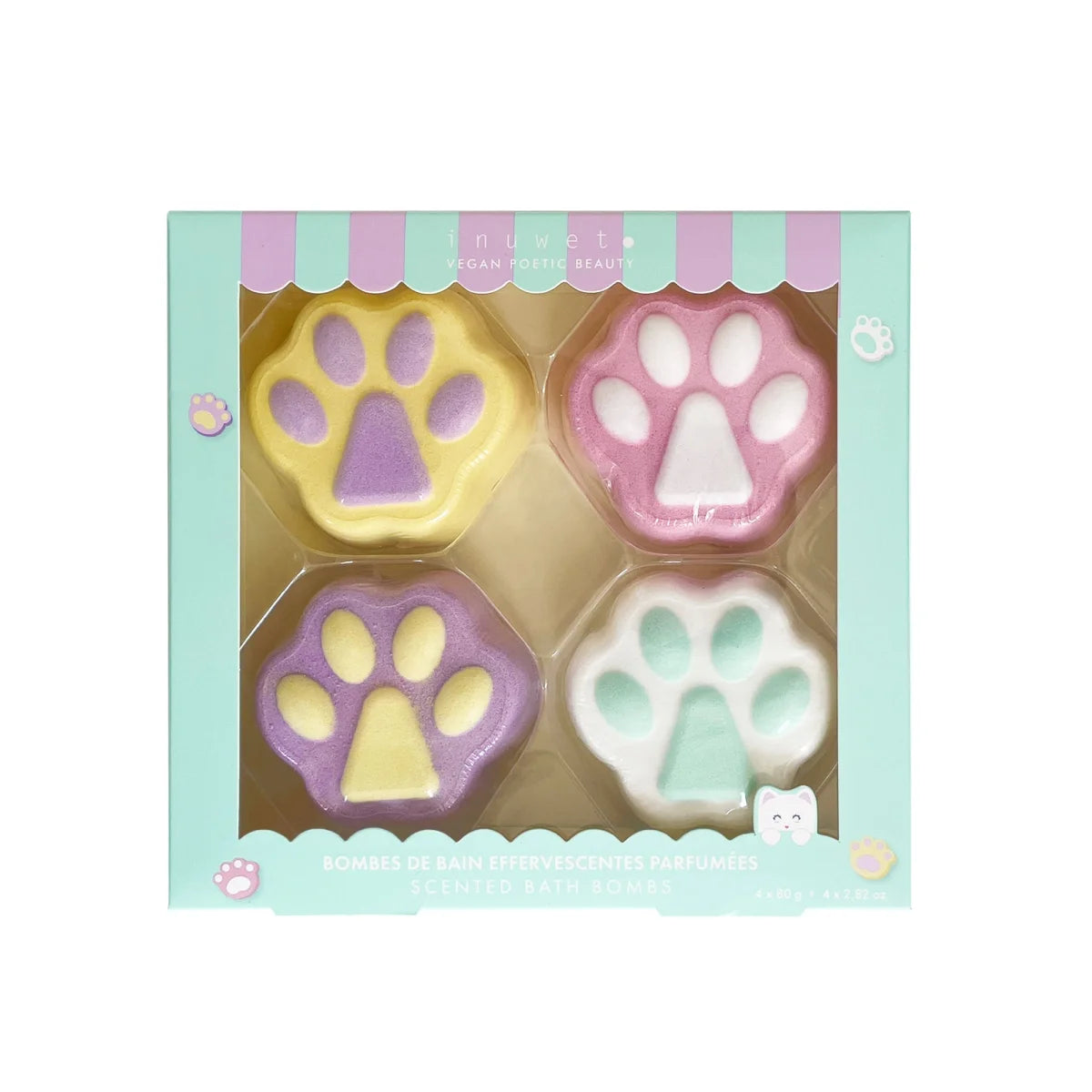 Inuwet Geschenkset Fizzy Kitty mit vier Badebomben in Katzenpfoten-Form
