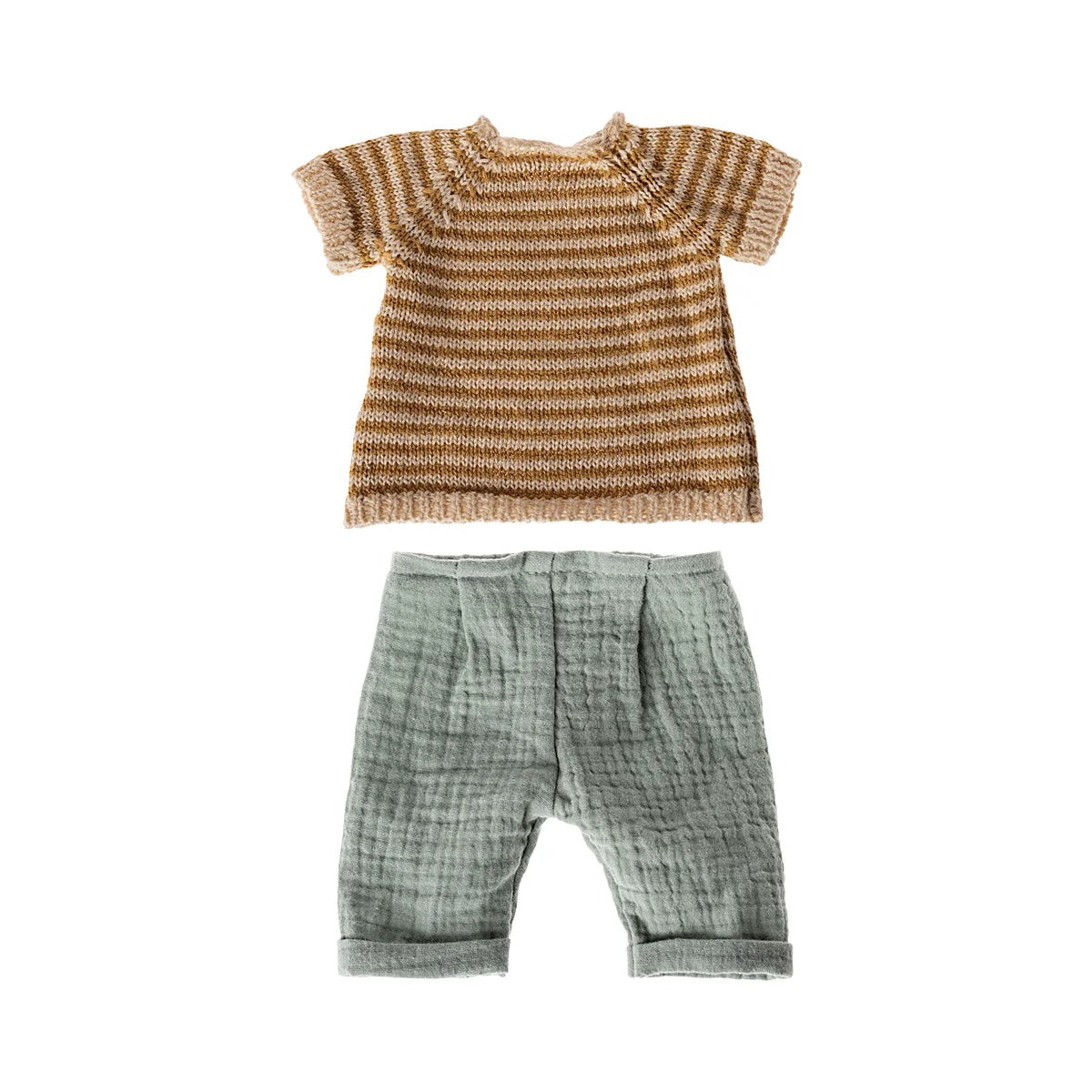 Gestricktes Kurzarmshirt Grösse 3 in erdigen braun- und cremefarbenen Streifen mit weicher mintgrüner Hose