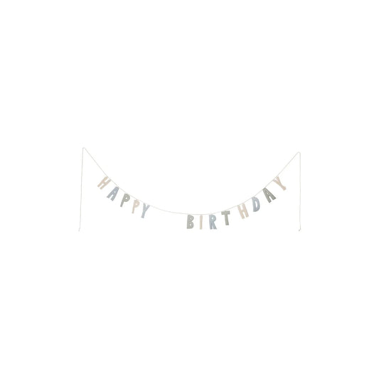 Filigrane Girlande Happy Birthday Blue mit silbernen und beigen Buchstaben auf weissem Kordelband