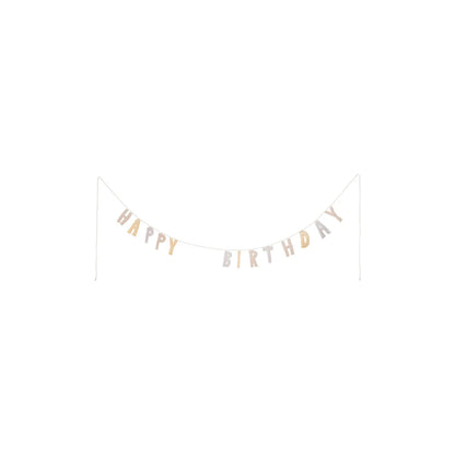 Filigrane Girlande Happy Birthday Lavender mit abwechselnden Gold- und Silber-Metallbuchstaben