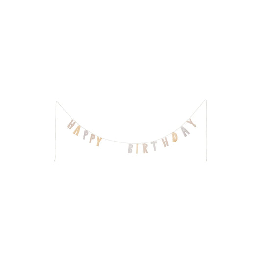 Filigrane Girlande Happy Birthday Lavender mit abwechselnden Gold- und Silber-Metallbuchstaben