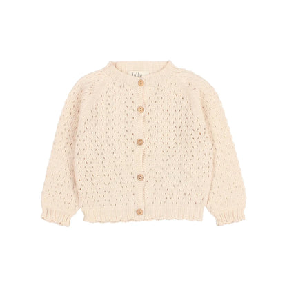 Cremefarbene Strickjacke mit dekorativem Lochmuster und Knopfverschluss