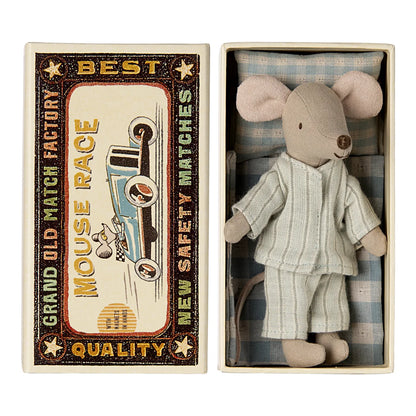 Weiche Maus-Fingerpuppe Grosser Bruder aus beigem Stoff in hellblau-weiss gestreiftem Schlafanzug