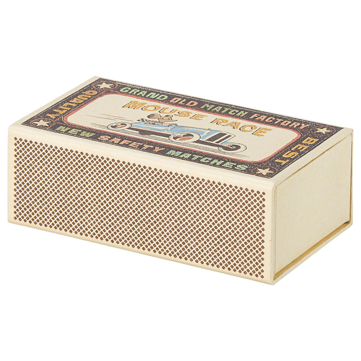Cremefarbene vintage streichholzschachtel grosser bruder mit perforierter front und retro mausrennen illustration