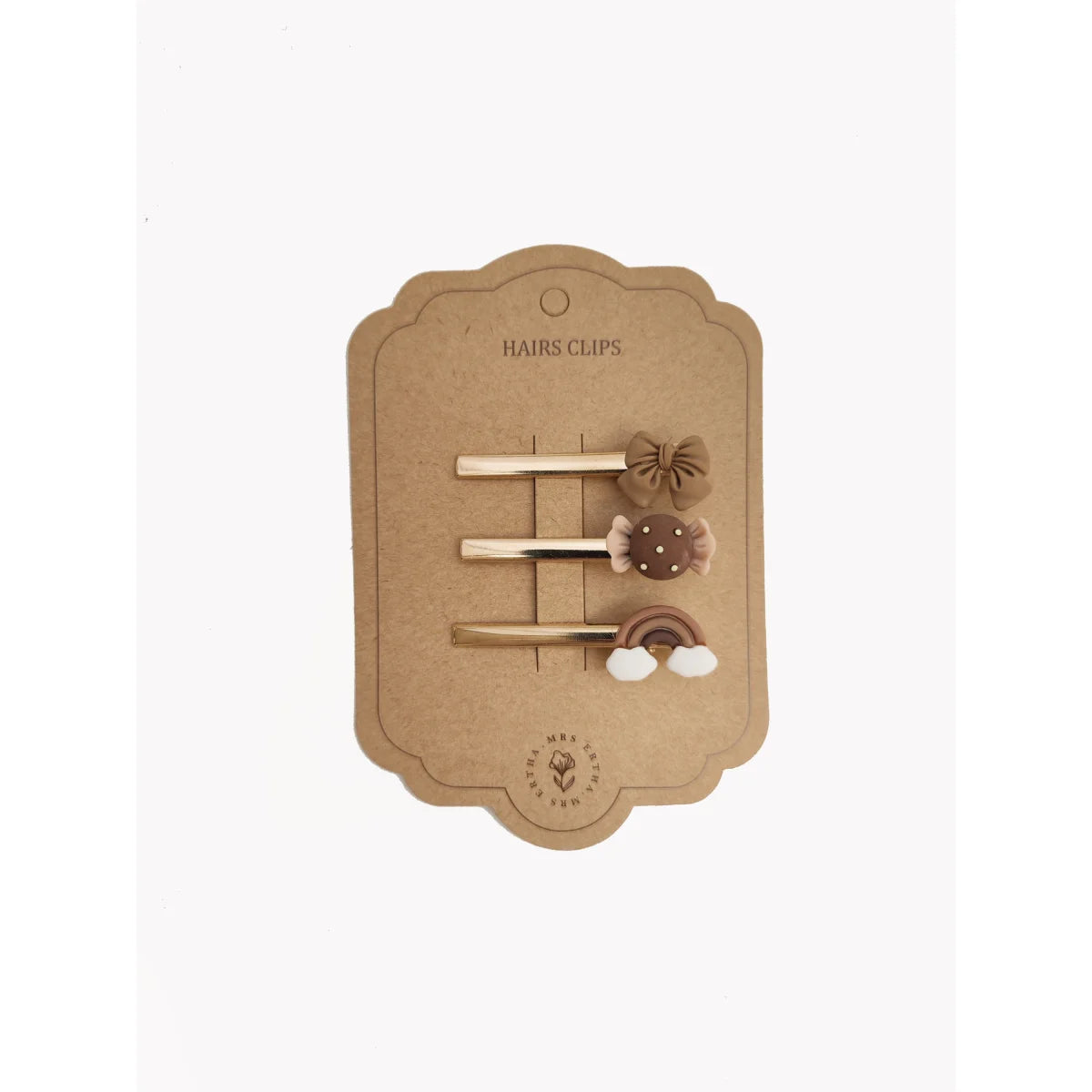 Set aus drei dekorativen Haarklammern auf einer Pappauszeichnung für Haarclips 3 Pack