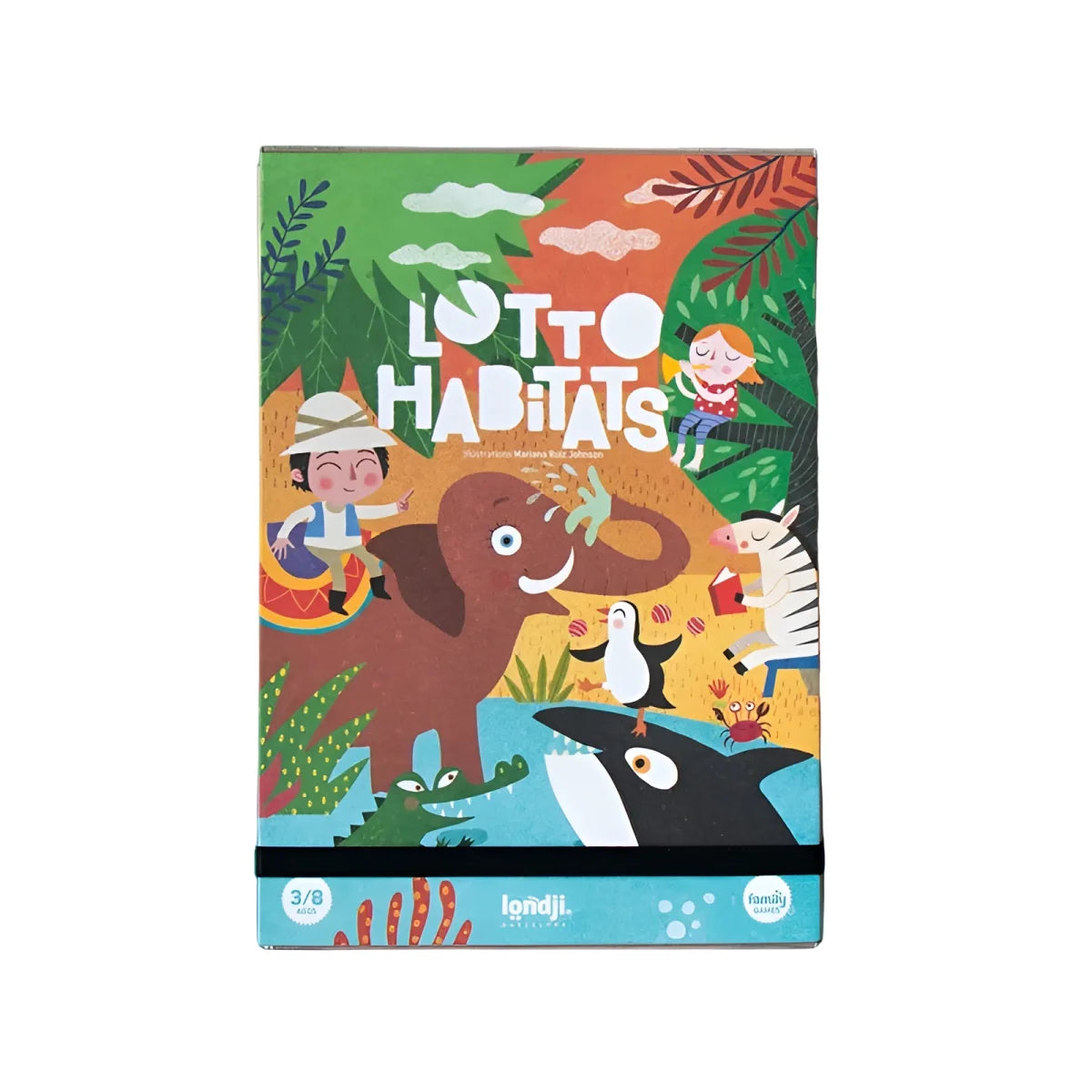 Lotto Habitats Spielbox von Londji mit farbigen Tier- und Kinder-Illustrationen