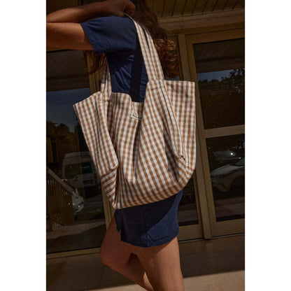 Handbag Vichy Camel: beige-weiss strapazierfähige Canvas-Tasche mit langen Henkeln