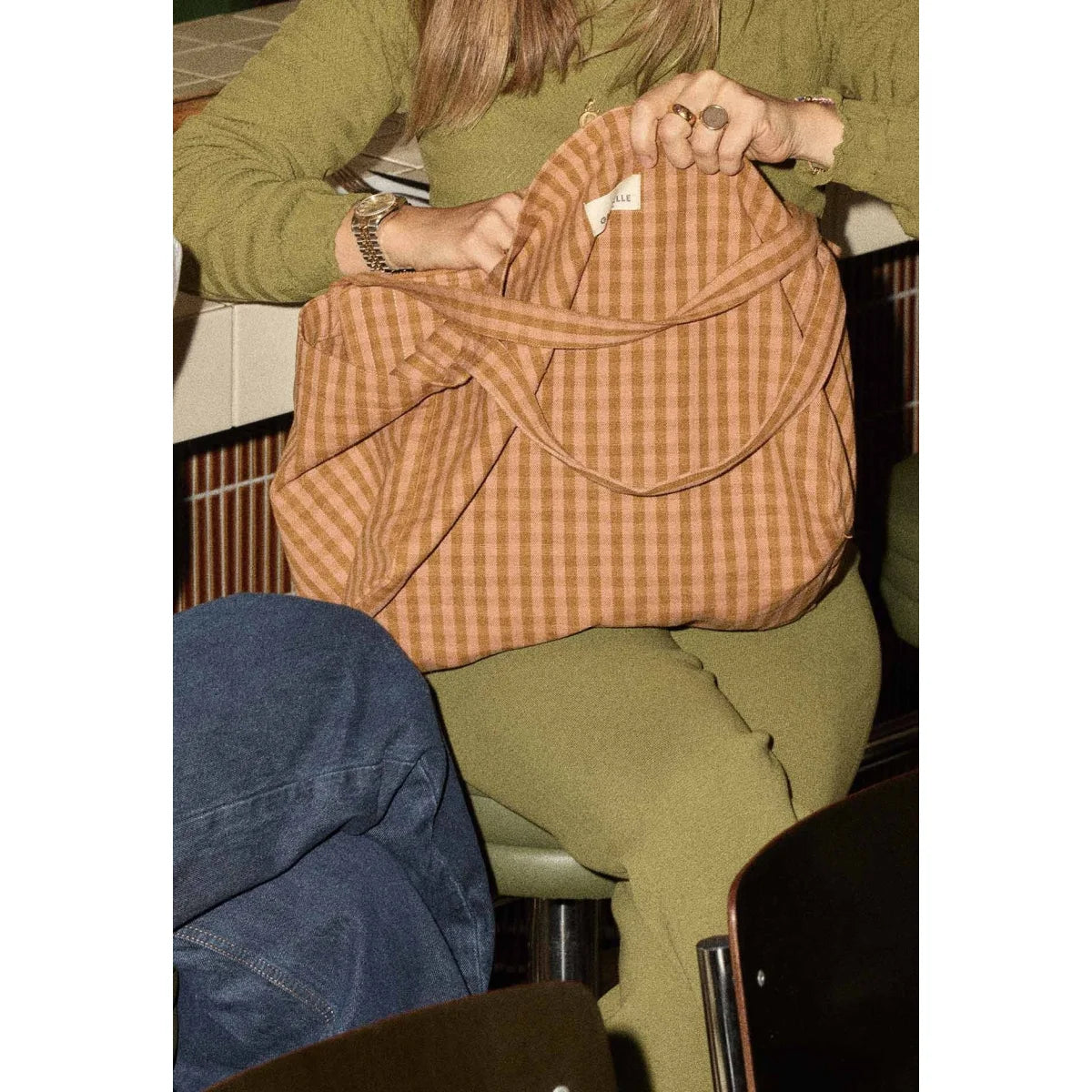 Handbag vichy glaise weiche orange beige karierte canvas tote bag mit breiten griffen ideal für ökologische