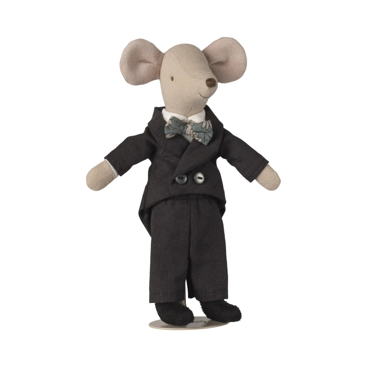Hochzeitsmäuse paar in box mit plüschmaus im schwarzen tuxedo und musterfliege als geschenke für neugeborene