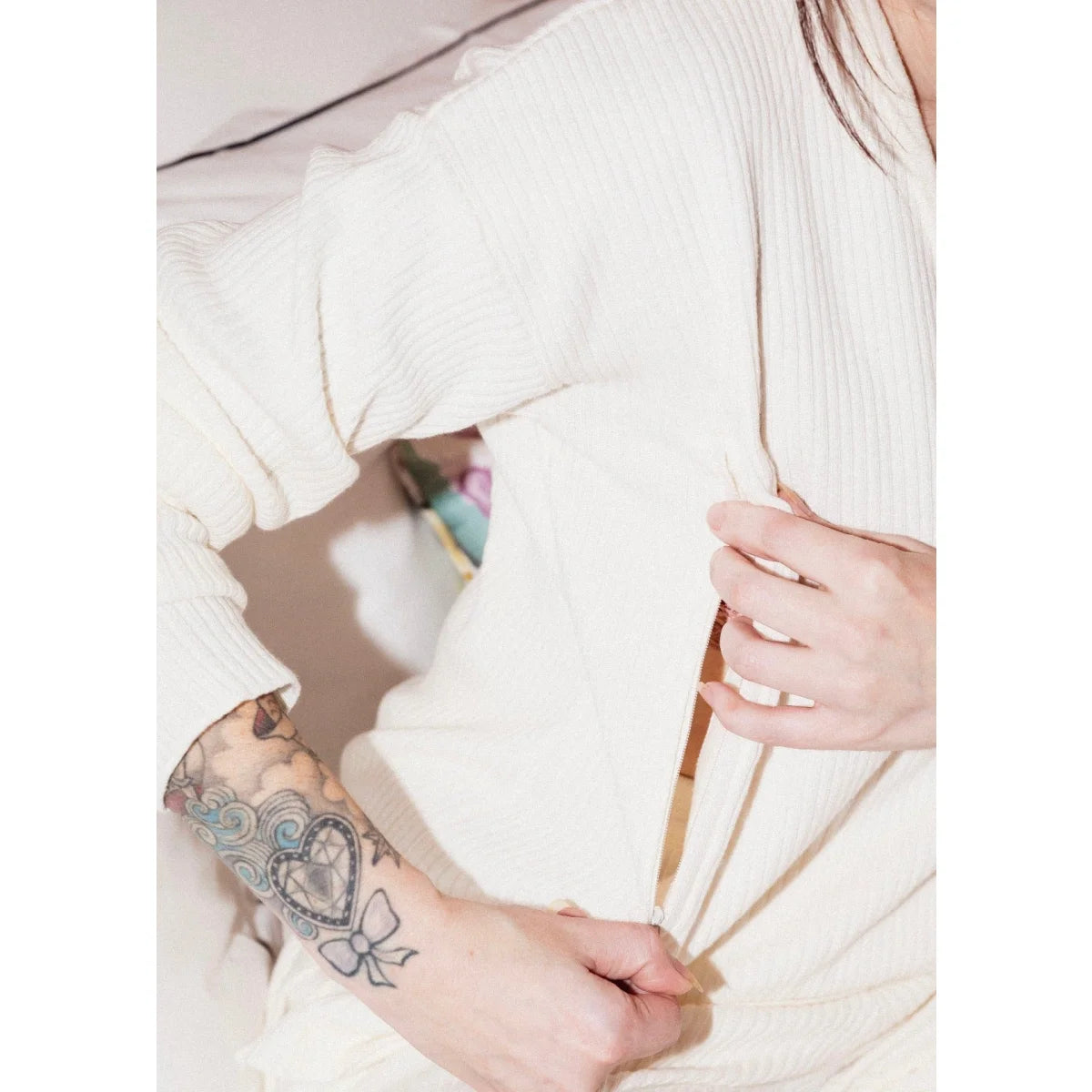 Cremefarbener gerippter Bademantel aus Baumwolle für Damen, Home Wear MUM Blanc