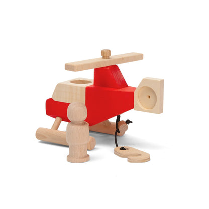 Rotes und weißes Holz-Hubschrauber-Spielzeug CARLSON mit rotierendem Rotor