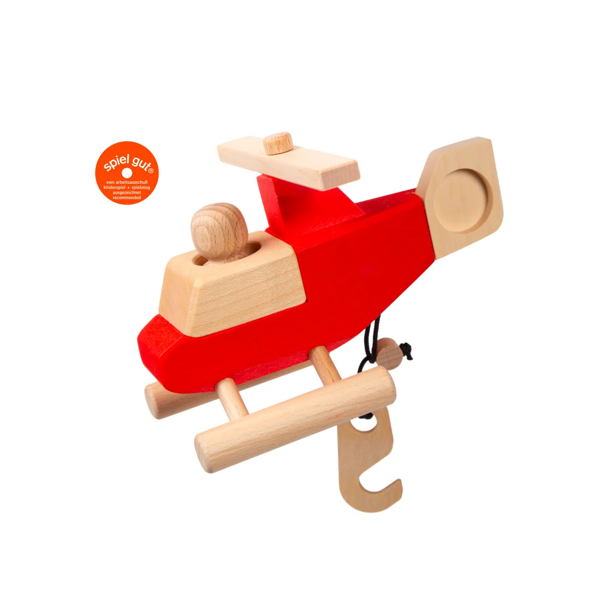 Rotes Holzhubschrauber-Spielzeug CARLSON mit rotierendem Propeller und Fahrwerk
