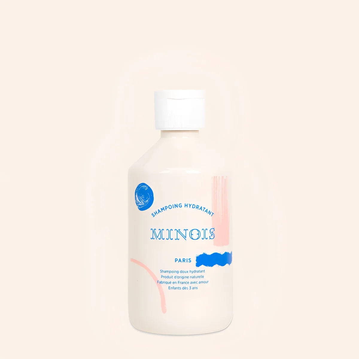 Cremefarbene Kunststoffflasche Minois Paris Hydrating Shampoo 300 ml mit blau-rosa abstraktem Etikett