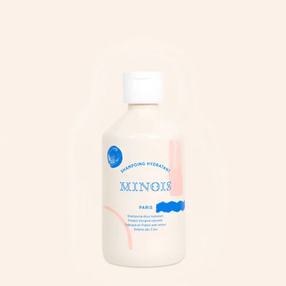 Cremefarbene Kunststoffflasche Minois Paris Hydrating Shampoo 300 ml mit blau-rosa abstraktem Etikett