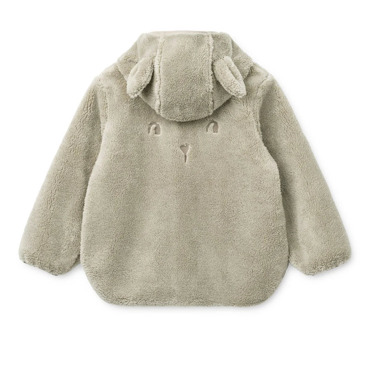 Weiche hellgraue plüschjacke mina mist mit kapuze und süßen ohr- und gesichtsdetails wie bei einem hasen