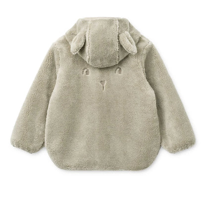 Weiche hellgraue plüschjacke mina mist mit kapuze und süßen ohr- und gesichtsdetails wie bei einem hasen