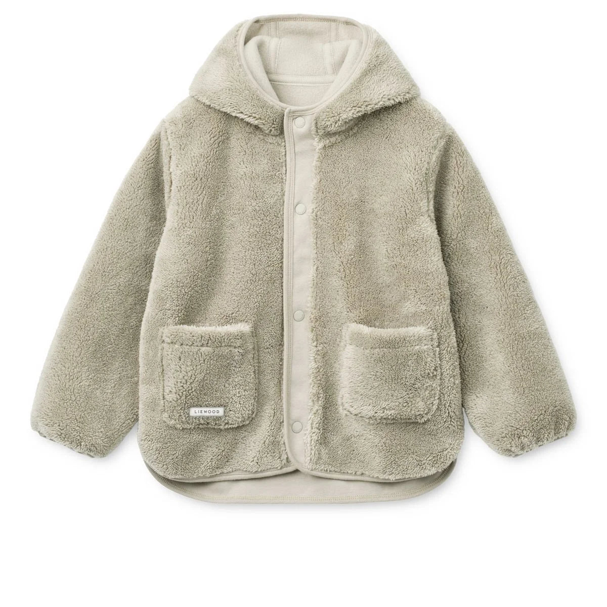 Gemütliche olivgrüne Fleecejacke Mina Mist mit weichem Aussenstoff und passenden Taschenklappen