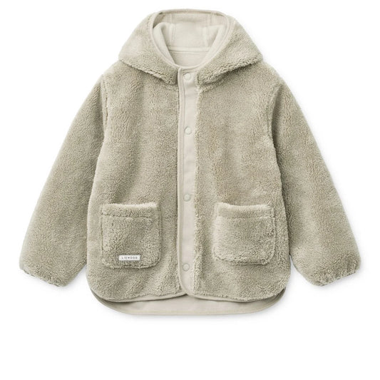 Gemütliche olivgrüne Fleecejacke Mina Mist mit weichem Aussenstoff und passenden Taschenklappen