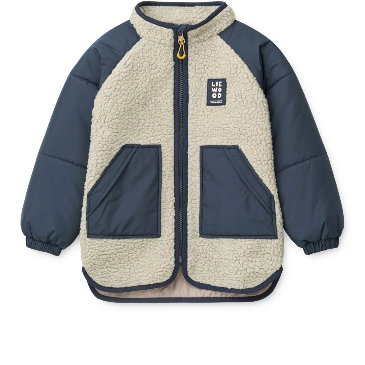 Cremefarbene Sherpa-gefütterte Jacket Runa Mist Classic Navy mit marineblauen Ärmeln und Fronttaschen