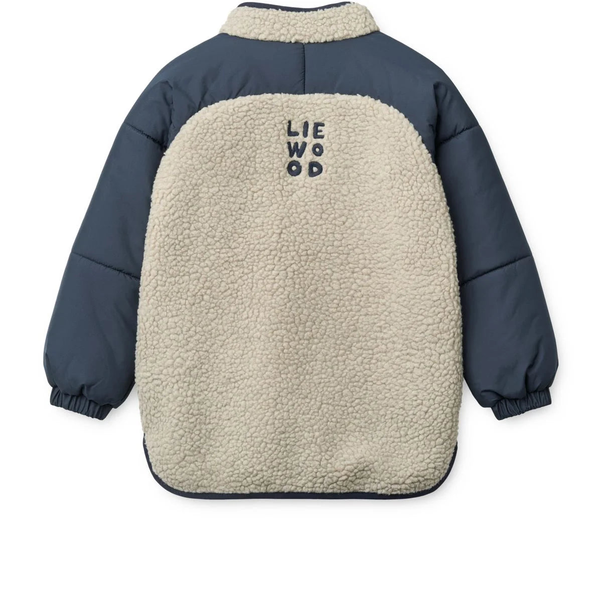 Beige und marineblaue sherpa gefütterte pufferjacke runa mit lie wood logo auf der rückseite