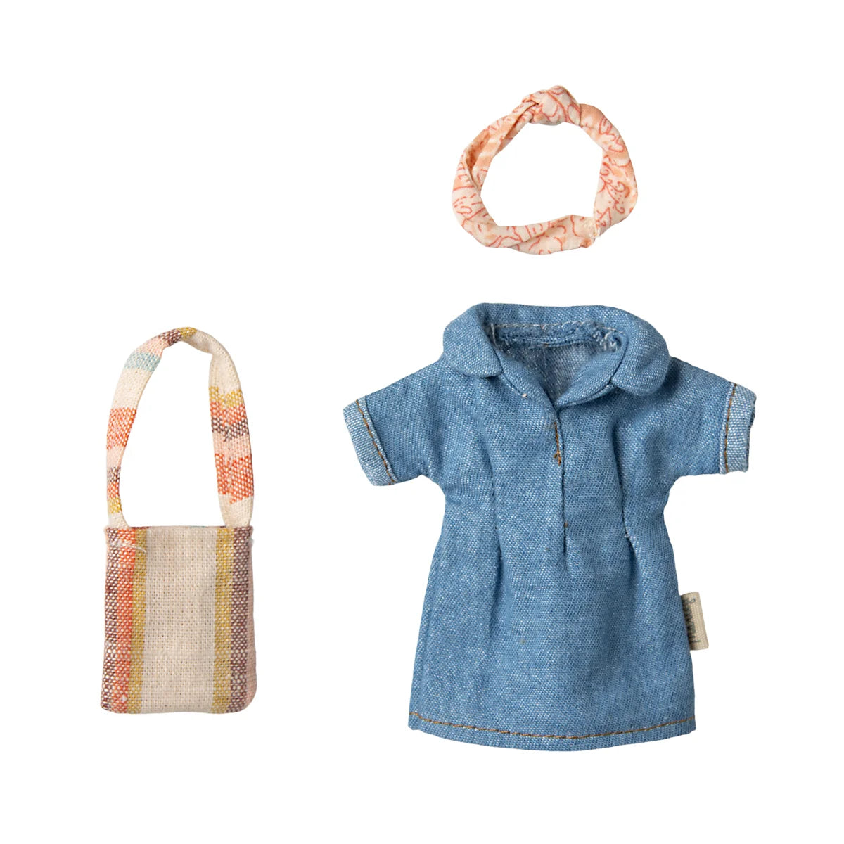 Blaues Denim-Puppenkleid mit kurzen Ärmeln und Kragen, Jeanskleid und Tasche Mama Maus