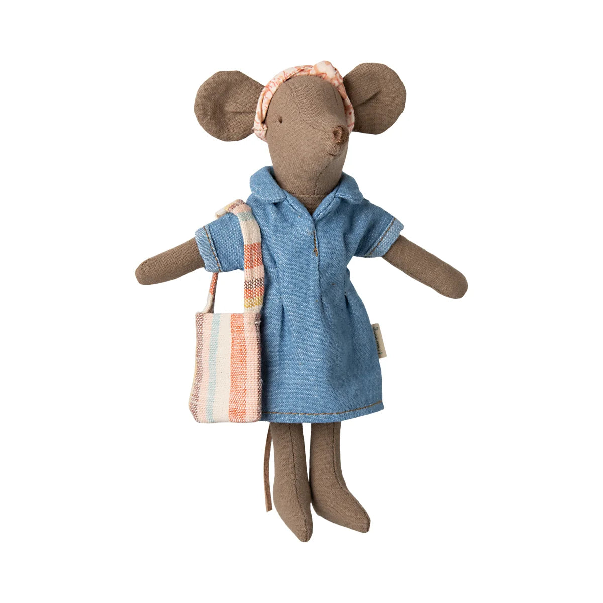 Süße braune Maus-Puppe in Jeanskleid, rosa Stirnband und gestreifter Tasche
