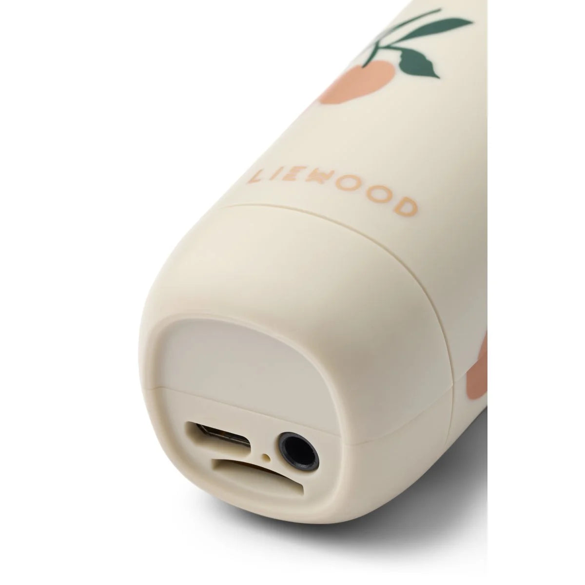 Creme-farbener Silikon-Reise-Ladegerät mit Pfirsich- und Blatt-Aufklebern, USB-C und 3,5mm-Klinke