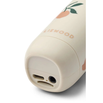 Creme-farbener Silikon-Reise-Ladegerät mit Pfirsich- und Blatt-Aufklebern, USB-C und 3,5mm-Klinke