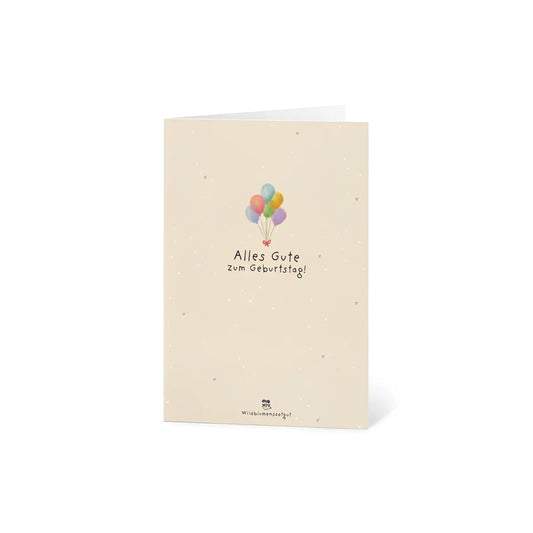 Cremefarbene Karte mit bunten Luftballons: Alles Gute zum Geburtstag