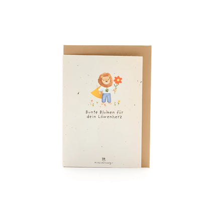 Karte Back-to-School Löwe aus Samenpapier mit blauem Löwen und Text „Bunte Blumen für dein Löwenherz“