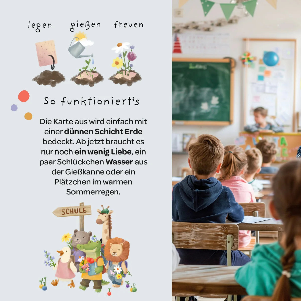 Karte back-to-school löwe mit deutschen lernkarten zur pflanzenzucht und kindern im klassenzimmer für ökologische