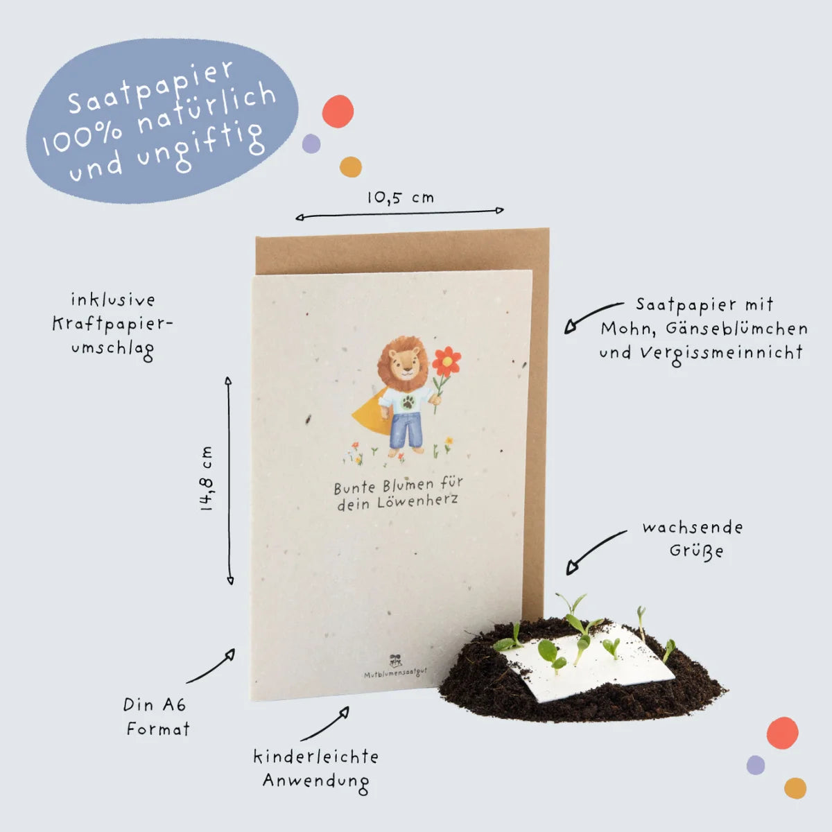 Eine charmante cremefarbene karte karte back-to-school löwe mit samenpapier und cartoons für ökologische