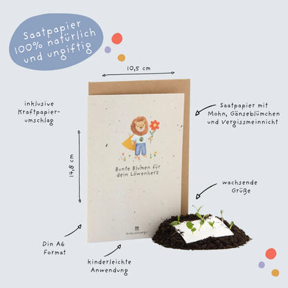 Eine charmante cremefarbene karte karte back-to-school löwe mit samenpapier und cartoons für ökologische