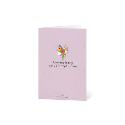 Zarte lavendelfarbene Karte mit Aquarell-Blumenstrauss: Blumenstrauss zum Selberpflanzen