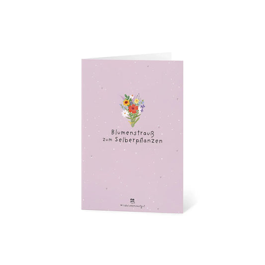 Zarte lavendelfarbene Karte mit Aquarell-Blumenstrauss: Blumenstrauss zum Selberpflanzen