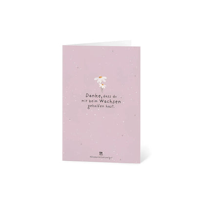 Zarte rosa Karte Danke, dass du mir beim Wachsen geholfen hast, mit weisser Gänseblümchen-Illustration