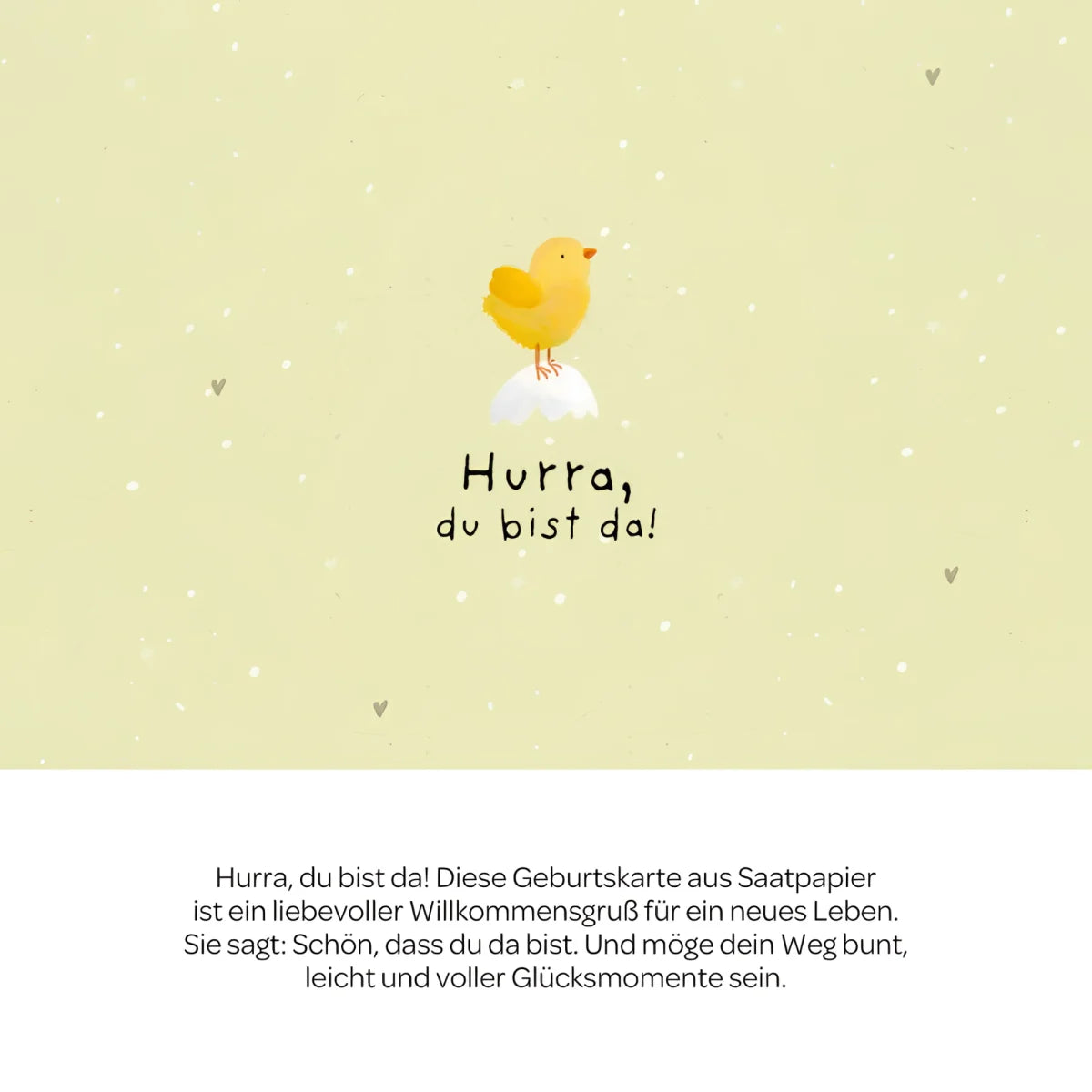 Karte hurra du bist da mit einer fröhlichen gelben kükenillustration auf einer weißen wolke vor grünem hintergrund