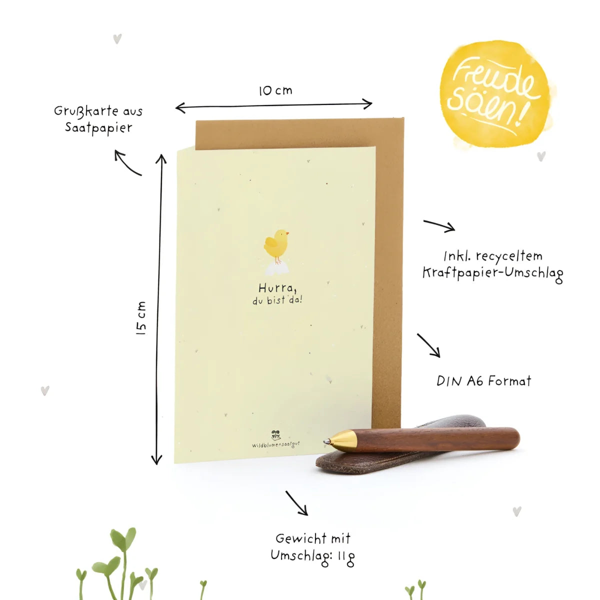 A pale yellow seed paper greeting card with a yellow chick illustration and the text hurra du bist da