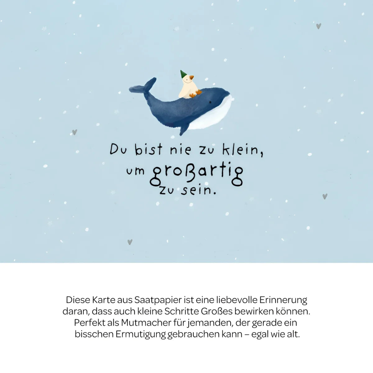 Karte mit weichem blauem walfisch und cremefarbenem küken mit grünem partyhut du bist nie zu klein um grossartig zu sein