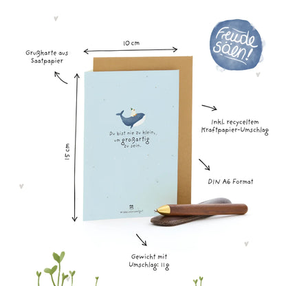 Karte du bist nie zu klein um großartig zu sein lichtblaue samenpapier grußkarte mit walillustration 10x15 cm