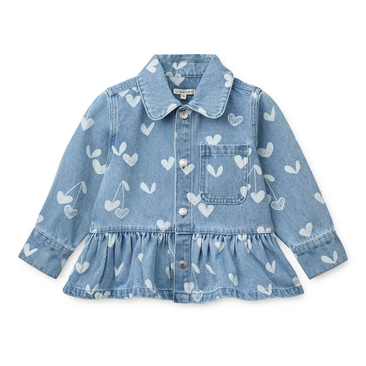 Helle blaue Denimjacke mit Herz- und Kirschen-Print, Peplum-Saum, Knöpfe, Kenza Sweethearts