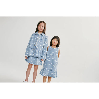 Helles blaues Denim-Set mit weißen Herzen und Rüschen, Kenza Sweethearts