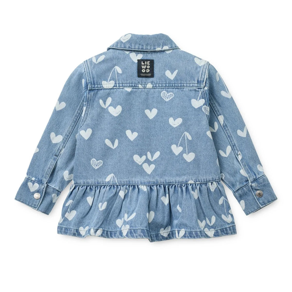 Helle blaue Denimjacke mit Herzen und Kirschen, Rüschensaum, ideal für Calista Baby Kinderzimmer
