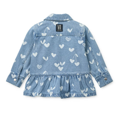 Helle blaue Denimjacke mit Herzen und Kirschen, Rüschensaum, ideal für Calista Baby Kinderzimmer