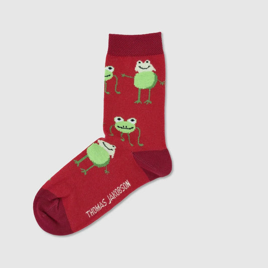 Kindersocken FRÖSCHE von Thomas Jakobson, linke Socke mit Frosch-Motiv