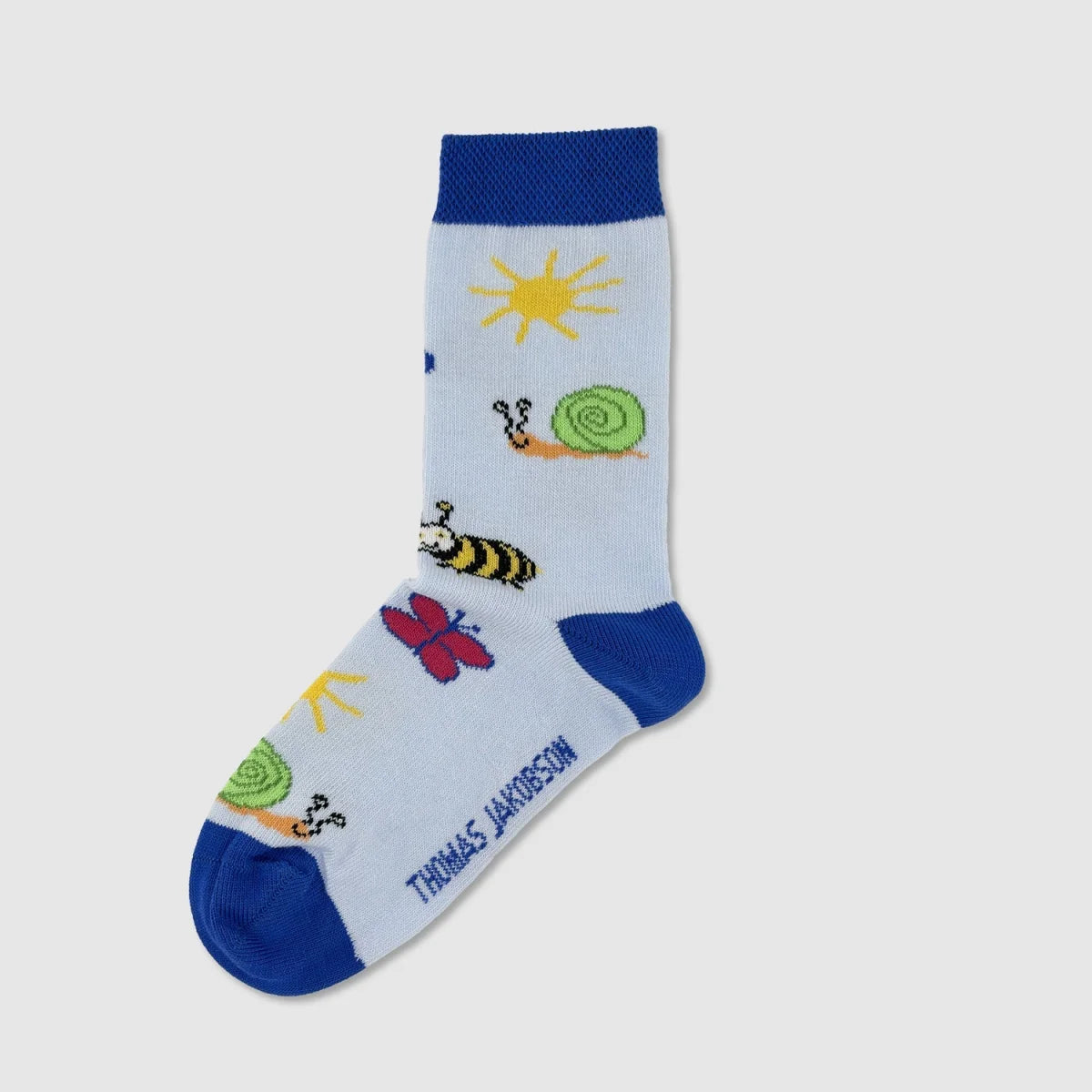 Kindersocken FRÜHLING von Thomas Jakobson, linke Socke mit Schnecke, Biene und Sonne