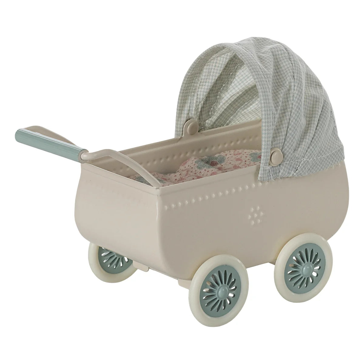 Vintage-Spielzeug-Babywagen mit Babymaus in Minze-Farbe für stilvolle Kinderzimmer