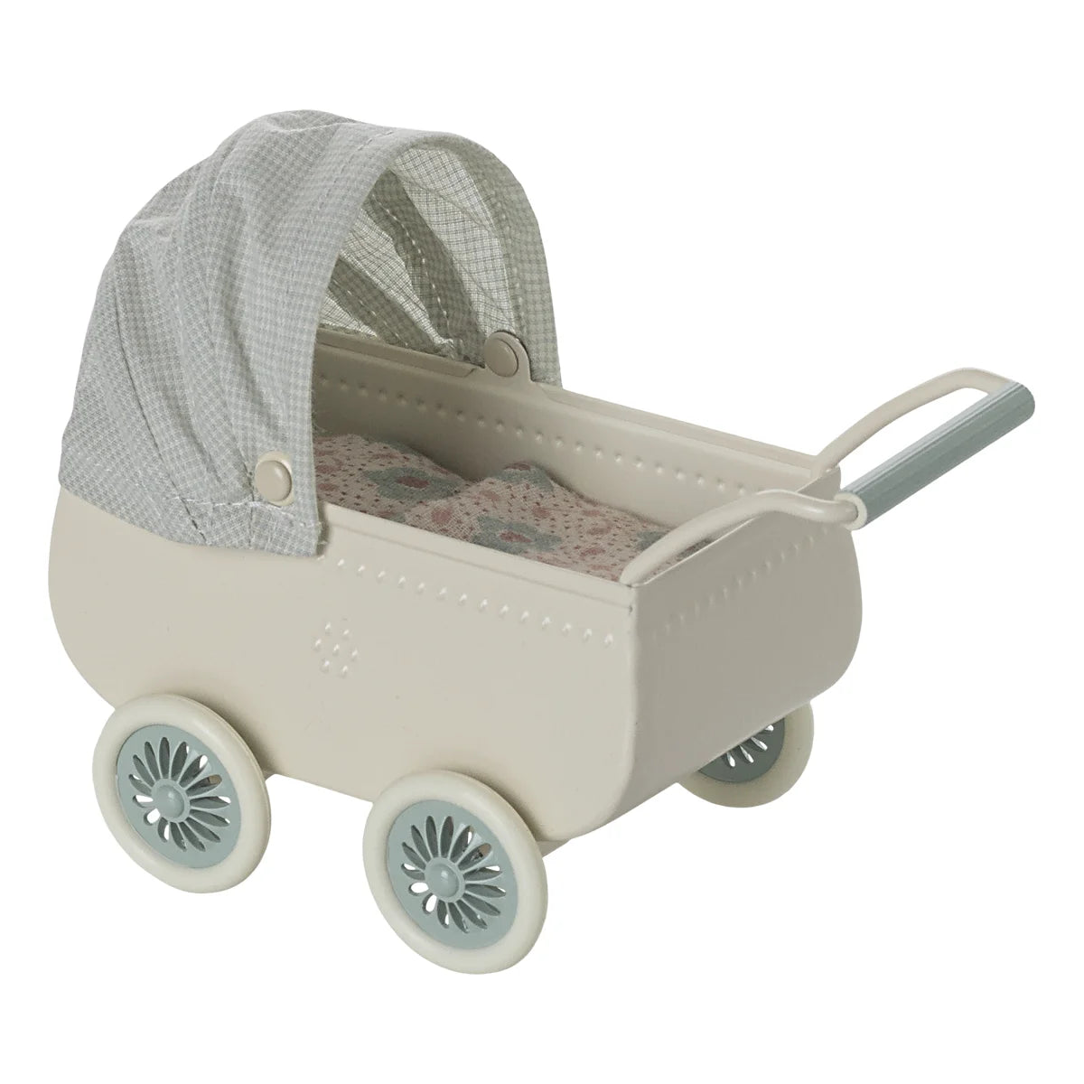 Miniatur weißer Puppenwagen mit gemustertem Baldachin von Kinderwagen mit Babymaus